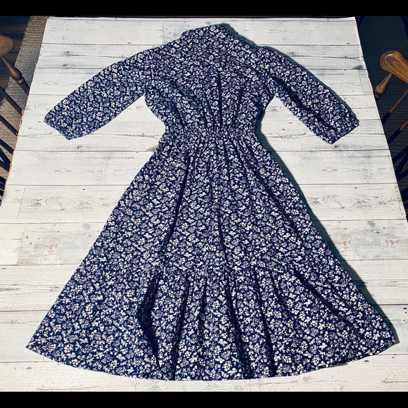 Vintage Navy Floral Prairie Cottagecore Midi Dress - Picture 4 of 16